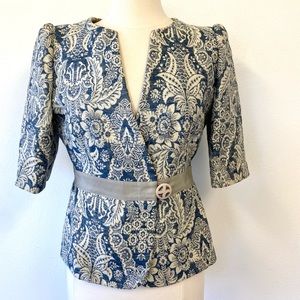 Rare Armani Collezioni Floral Jacquard Grosgrain Trimmed Puff Sleeve Blazer 10